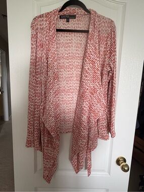 Kasper Coral and White Waterfall Open-Front Cardigan